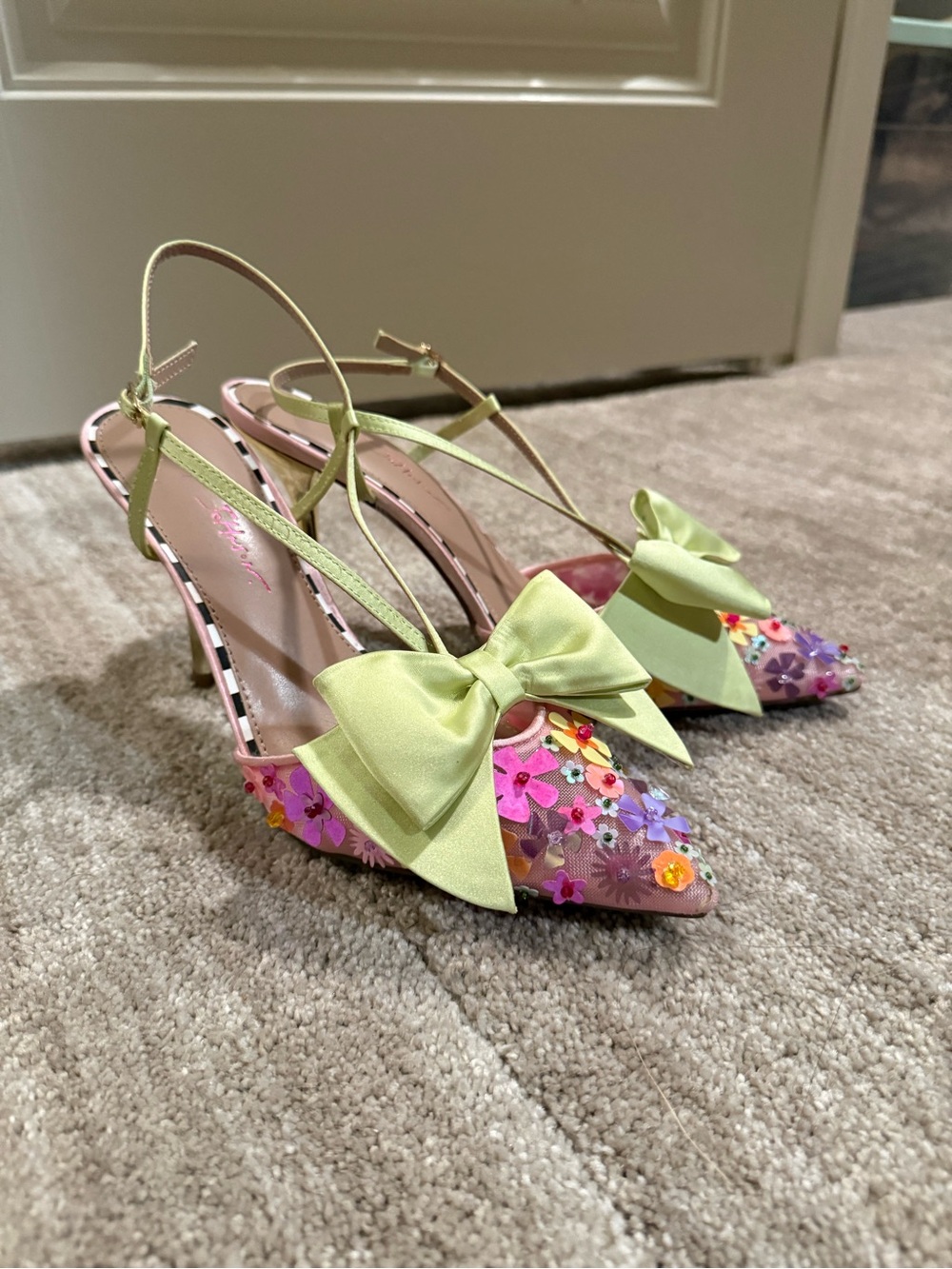 Betsey Johnson Lime Bow Floral Appliqué Slingback Heels